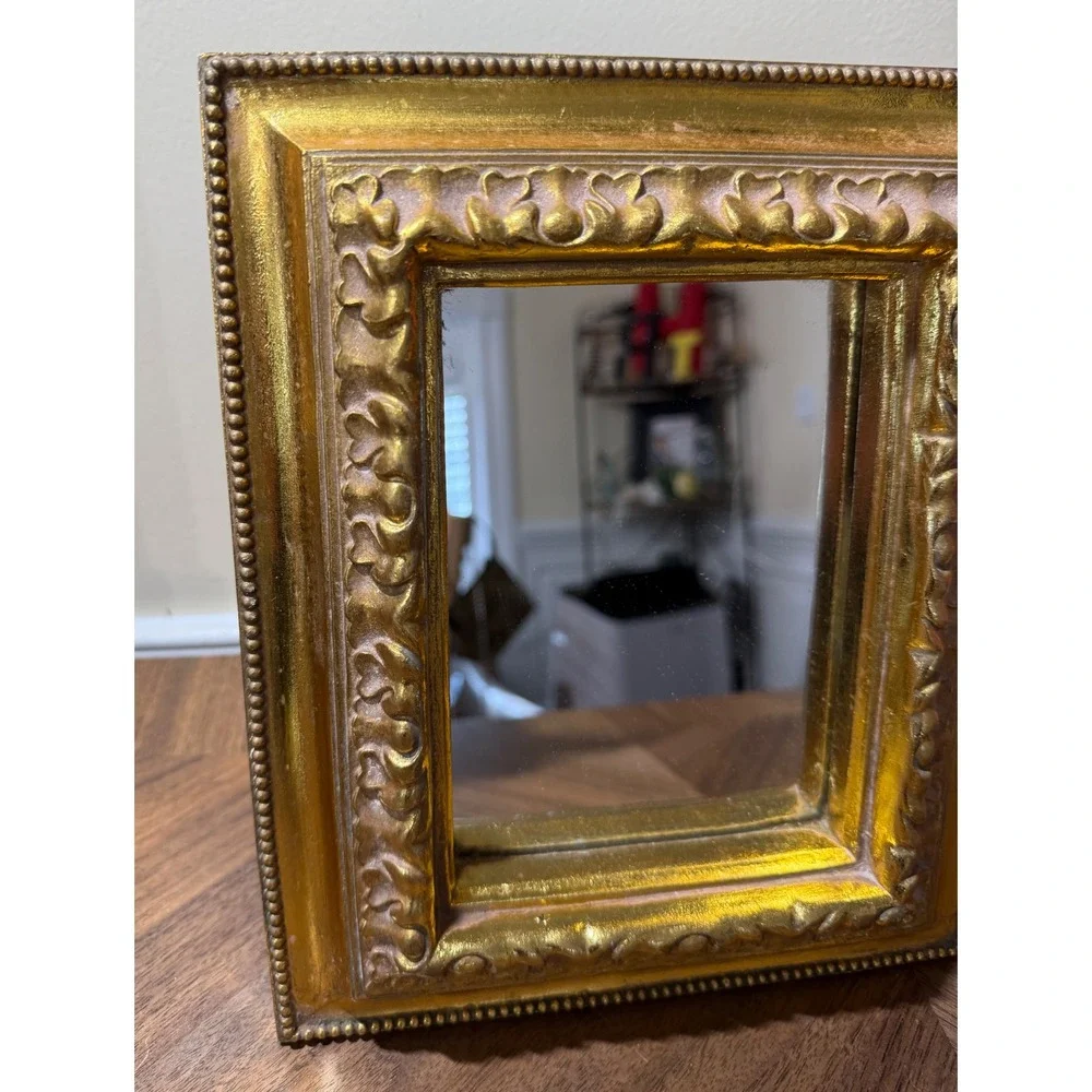Vintage Gold Ornate Baroque Tabletop Vanity Mirror Easel Back 7.5x9.5 Frame
